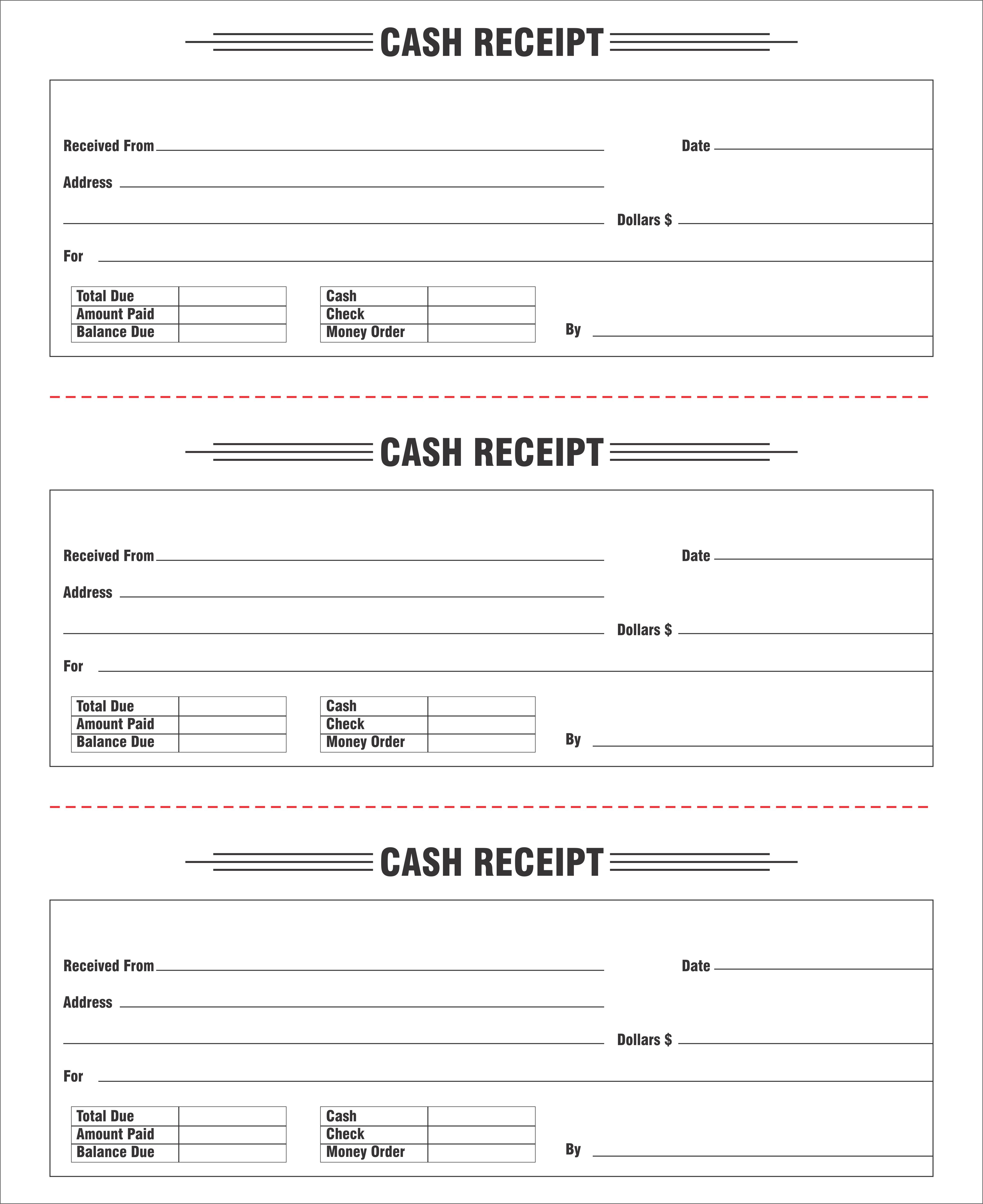 Custom Cash Receipt Forms Printing, 3 Receipts per page