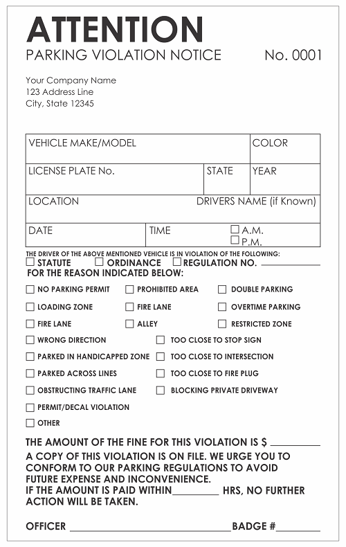 Custom Printed Carbonless Parking Violation Tickets