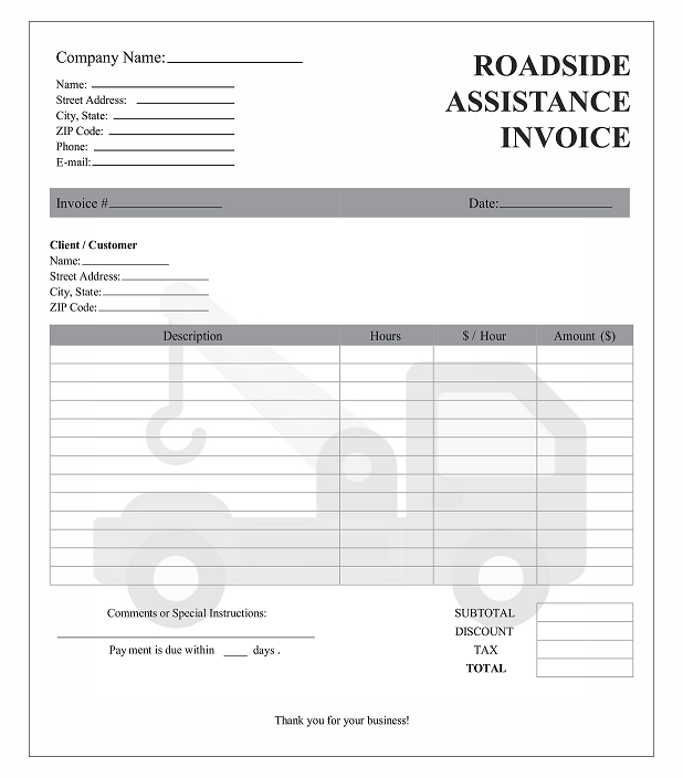 Custom Printed Road Assistance Invoices