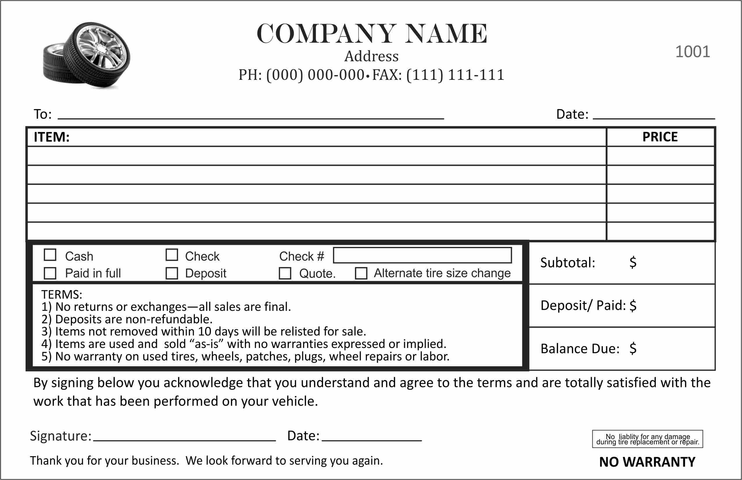 Custom Printed Tire receipt Forms